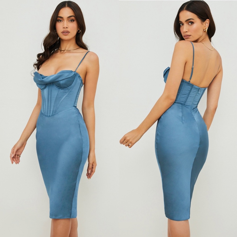 House of CB Blue Satin Corset Midi Dress